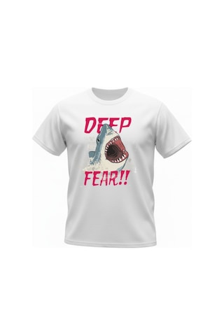 Urbantrendstore Unisex Deep Fear Köpekbalığı Tatil Oversize Fit Rahat Geniş Salaş T-shirt Günlük Tişört Beyaz