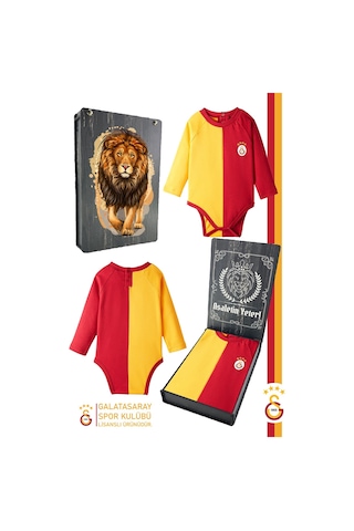 Galatasaray Orijinal Lisanslı Uzun Kol Bebek Body Zıbın Hediyelik Ahşap Kutulu Kırmızı - Sarı