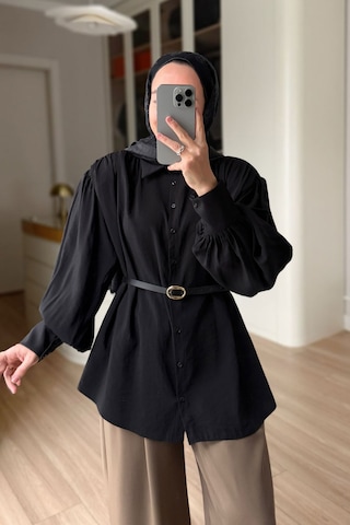Ka Hijab Kemerli Vatkalı Gömlek - Siyah
