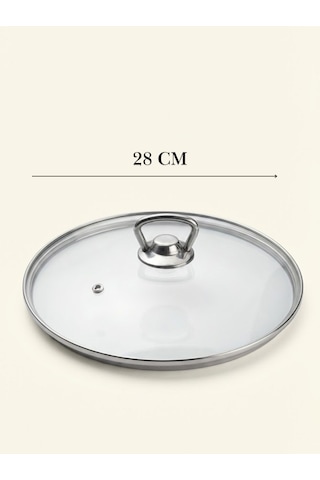 Isıya Dayanıklı Cam Tencere Tava Kapağı - Metal Kulplu Buhar Delikli Yedek Kapak 28 Cm Şeffaf