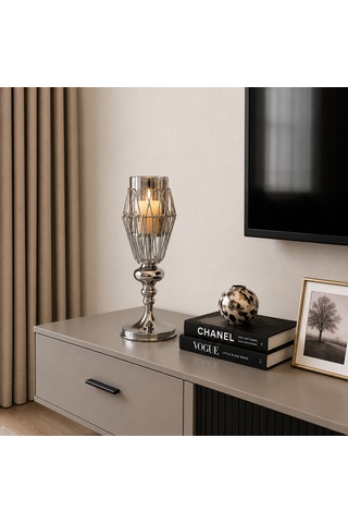 Füme Camlı Gümüş Dekoratif Şamdan Mumluk 32 Cm