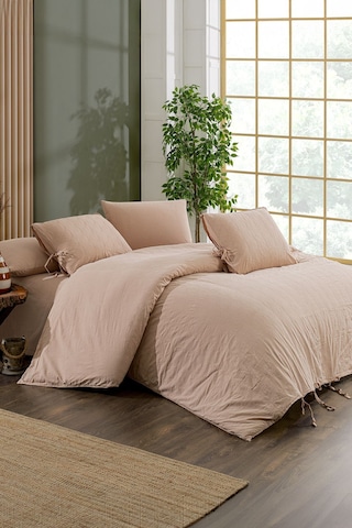 Dante Nakışlı %100 Pamuk Natürel Çift Kişilik Nevresim Takımı Pudra Pudra