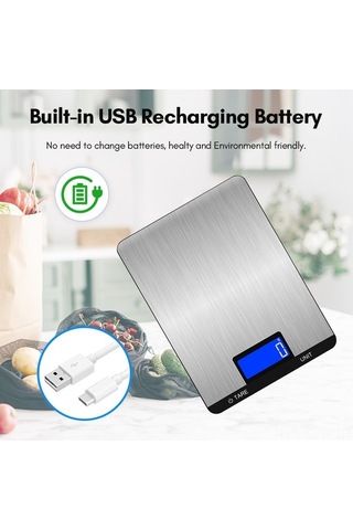 Novahub Yüksek Hassasiyetli Usb Şarjlı Dijital Mutfak Terazisi, 7 Birim, Paslanmaz Çelik, 5kg Kapasite, Lcd Ekran, Kolay Kullanım Siyah
