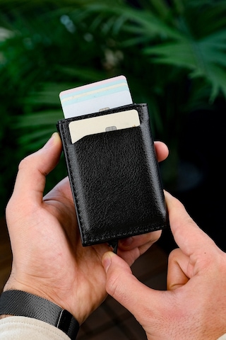 Otomatik Mekanizmalı Deri Cüzdan Kartlık Portföy Siyah
