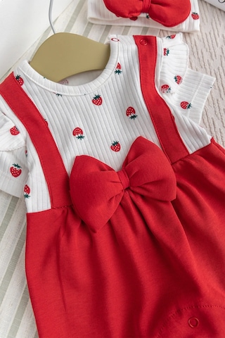 Babymod Pamuklu Kız Bebek Yazlık Tulum Takım Set Bandanalı Fiyonklu Kırmızı