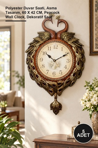 5 Adet Duvara Asmalı Tavuskuşu Saat Polyester Duvar Saati, Asma Tasarım, 60 X 42 Cm, Peacock Wall Clock, Dekoratif Saat Diğer