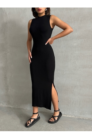 Kadın Yırtmaç Detaylı Kolsuz Soft Touch Esnek Elbise Siyah