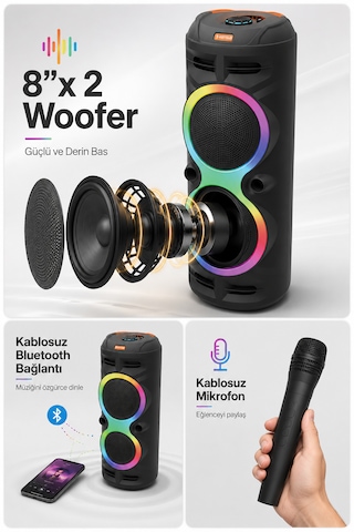 Taşınabilir Mikrofonlu 60w Led Işıklı Bluetooth Karaoke Hoparlör Set