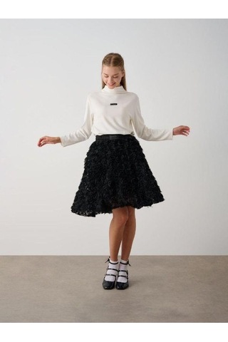 Kız Çocuk Beli Lastikli Gül Desenli Etek-14787 Siyah