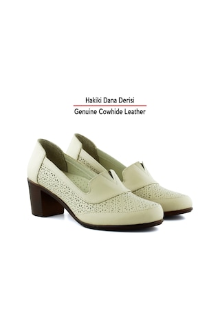 Erkan Saçmacı Madre Bej Hakiki Dana Derisi Vintage Desenli Kalın Topuklu Günlük Klasik Ayakkabı Bej