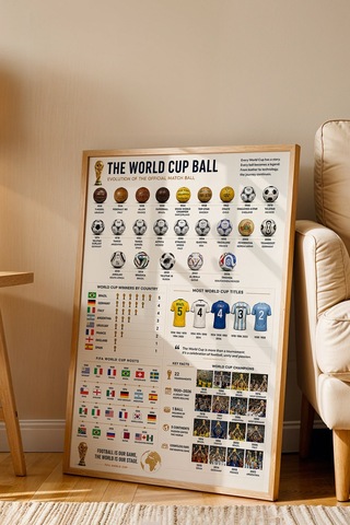 World Cup History Dünya Kupası Tarihi İnfografik Lüks Çerçeveli Tasarım Futbol Duvar Dekoru Kayın