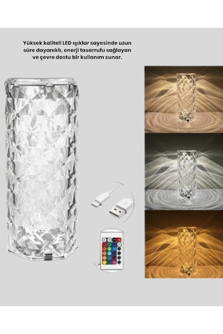 Mey İthalat Kristal Rgb Led Masa Lambası Renkli Kumandalı Işık, Dekoratif Ve Enerji Tasarruflu Çok Renkli