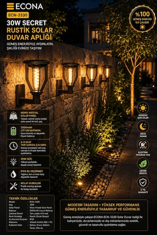 30w Rustik Solar Bahçe Lambası,güneş Enerjili Duvar Bahçe Lambası, Solar Aydınlatma, Bahçe Armatür, Dış Mekan Led Aydınlatma, Enerji Tasarruflu Lamba, Set Üstü Bahçe Lambası,