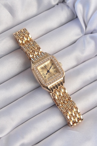 Mokashopin Erb Gold Renk Zirkon Taşlı Kare Model Roma Rakamlı Retro Kadın Saat Altın - 648635719 Altın