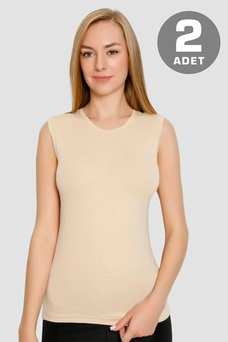 Terrien Premium Pratik Set Sade Tarz Kadın Pamuklu Likralı Bisiklet Yaka Kolsuz Tişört Ten Rengi 2'li Paket