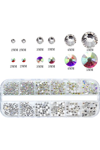 Kangvka 12 Izgara Tırnak Sanatı Cam Düz Tabanlı Elmas Seti - Beyaz Elmas + Kalem + Pinçer Tırnak Aletleri Çok Renkli