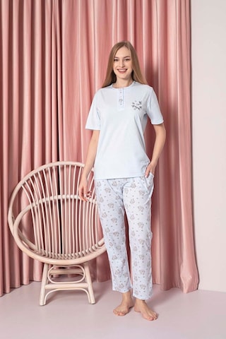 Ahengim Kadın Pijama Takımı Süprem Kısa Kollu Çiçek Desenli Pamuklu W30062330 Mavi