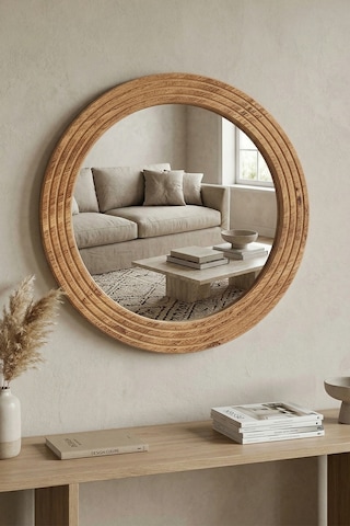 Antik Ahşap Dekoratif Ayna Yuvarlak Banyo Duvar Aynası 56 Cm Naturel