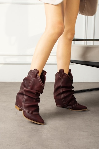 Shoetek Livinya Kadın Kovboy Bot Körüklü Bordo Mat Deri Bordo