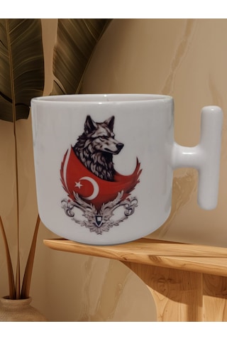Ay Yıldız Kurt Çift Taraf Baskılı T Kupa Bardak Krem T