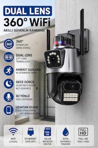 ARM-318 Dual Lens 6MP Çift Kameralı Akıllı WiFi Güvenlik Kamerası 360° Dönebilen Gece Görüşlü Dış Mekan IP Kamera