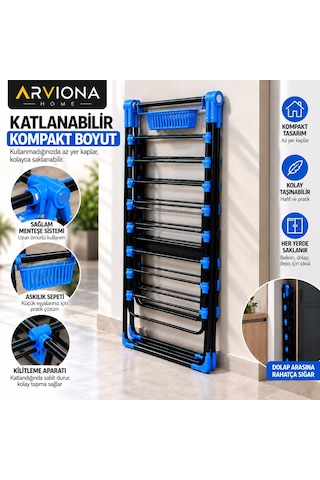 Arvıona Home 170 Cm Kalın Borulu Katlanabilir Metal Çamaşır Kurutmalığı 8 Borulu Mavi