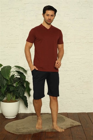Akbeniz Erkek Bordo V Yaka 3'Lü Pijama Takım 6822-Bordo