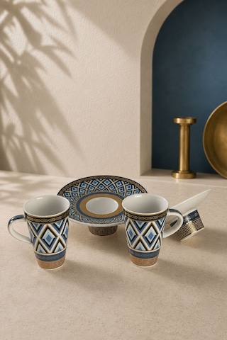 Türk Kahvesi Fincan Takımı İçe Geçmeli Mosaic Mask 2 Kişilik 4 Parça Makinede Yıkanmaz Mavi