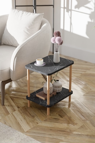 2 Raflı Yan Sehpa Geniş Gazetelik Kitaplık Çiçeklik -siyah