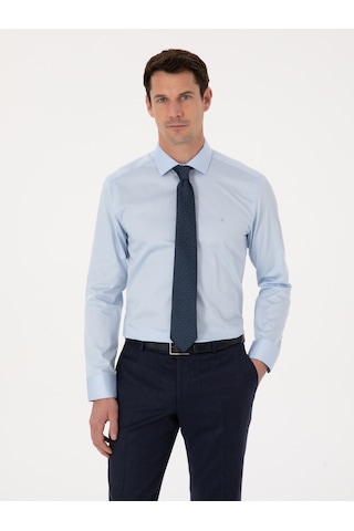 Cacharel Açık Mavi Slim Fit %100 Pamuk Yarım İtalyan Yaka Klasik Gömlek Denım