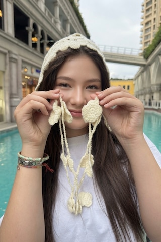 Mollycrush Krem Çiçek Motifli Örgü Hair Band Bağcıklı Yazlık Kadın Başlık Krem
