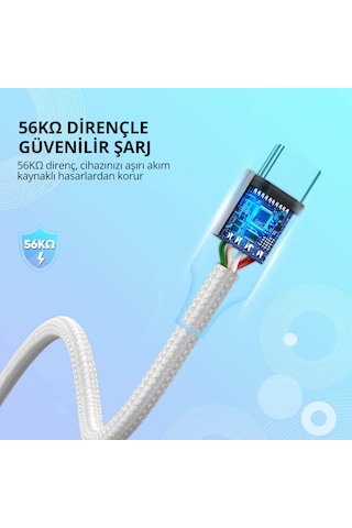 Ugreen 60133 USB-C to USB-A 3A QC Örgülü Hızlı Şarj Kablosu 2 Metre Gümüş Beyazı