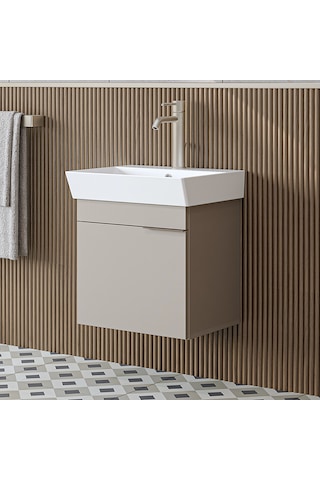 Likya Ayaksız Tek Kapaklı Lavabolu 49 Cm Banyo Dolabı Alt, Mini Lavabolu Alt Banyo Dolabı Kumtaşı