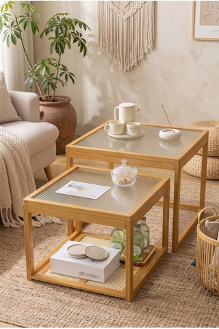 Robin Home Modern Doğal Bambu 2'li Kare Orta Sehpa Seti Temperli Camlı Ve Yapay Rattan Alt Raflı Zigon Bej