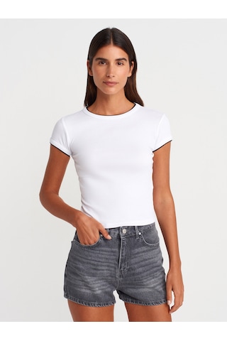 Dilvin 31750 Kontrast Kısa Kollu Tshirt-beyaz Beyaz