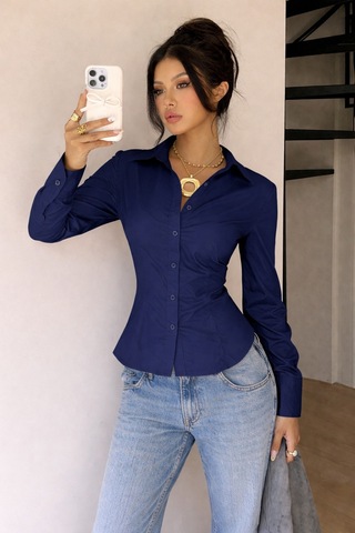 Kadın Premium Gömlek Slim Fit Uzun Kollu Şık Ofis Günlük Kombin Basic Klasik Gömlek Lacivert
