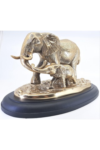 Ahşap Kaide Üzeri Pirinç Fil Ve Yavrusu