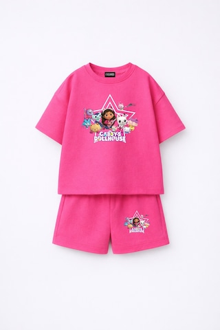 Fasardi Gabby's Dollhouse / Gabby'nin Hayal Evi Baskılı Oversize %100 Pamuk Tişört Şort 2li Çocuk Takım Fuşya