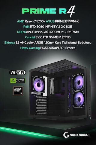 Game Garaj PRIME-R4 R7-5700 RTX5060 32 GB 1 TB SSD Free Dos Oem Paket Masaüstü Oyuncu Bilgisayarı