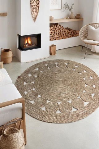 1 Adet Yuvarlak Parçalı Jüt Görünümlü Kilim 100 Cm Kahverengi