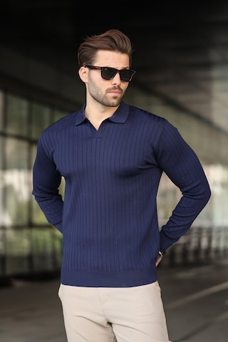 Madmext Lacivert Polo Yaka Çizgili Uzun Kollu Kazak 7239 Lacivert