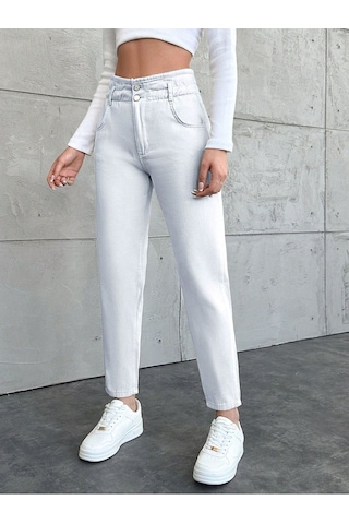 Shevega Kadın Beyaz Kemer Büzgülü Lastikli Mom Jeans Pantolon Beyaz