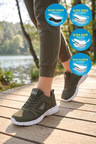 Walkway Haki Fileli Hafif Bağcıklı Esnek Unisex Spor Ayakkabı 020 G