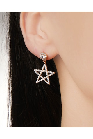 Lekka Design Kadın Kararmaz Çelik Lüks Takı Zirkon Taşlı Sallanan Yıldız Küpe Altın