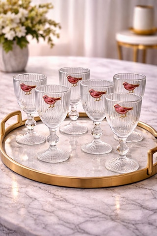 6 Lı Kristal Cam Kahve Yanı Su Bardağı Pembe Kuş Lovely Birds Bardak 75ml Şeffaf