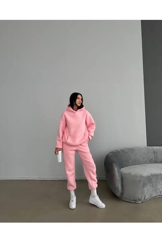 Baskısız Eşofman Takımı Sweatshirt Jogger - Pembe Oversize Şardonlu Kapüşonlu Pembe