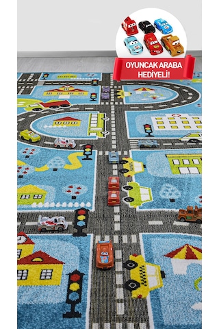 Konfor Halı 3 Boyutlu Mavi Trafik Arabalı Dokuma Çocuk Oyun Halısı Mavi