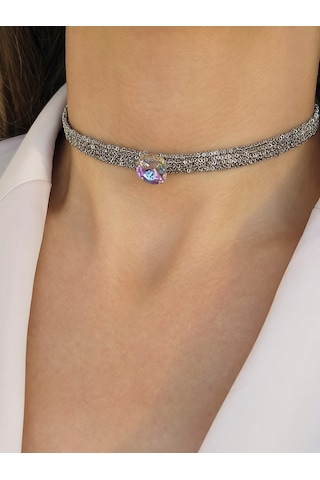 Kordon Zincir Örme Kristal Taşlı El Yapımı Choker Tasma Lila Silver Renk Kolye