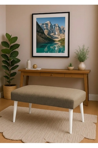 Waterybrook Bench Bank - Keten Kumaş - Beyaz Ahşap Ayaklı - 90x45 Cm - Modern Retro Tasarım - Oturma Pufu Kahverengi