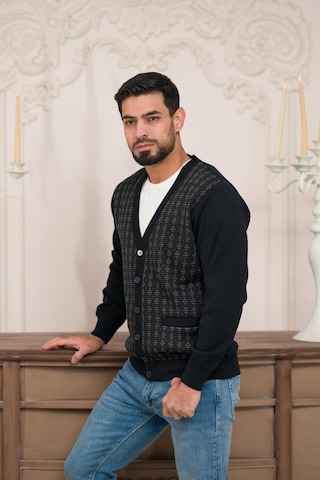Woolen World Regular Fit V Yaka Ön Cepli Desenli Triko Hırka Lacivert